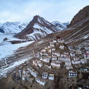 Aerial view of Key Monastery during winter season in Spiti Valley, Kaza, Himachal Pradesh, India - One of the captivating things to do in Kaza.